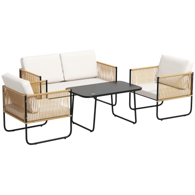 Outsunny Sala de Jardim 4 Peças com Sofá de 2 Lugares 2 Cadeirões 1 Mesa de Centro em Vidro e Almofadas Creme Branco