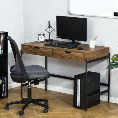 HOMCOM Mesa de Escritório Estilo Industrial 110x55x75 cm com 2 Gavetas Pernas de Metal Preto Tampo de MDF com Aspecto de Madeira