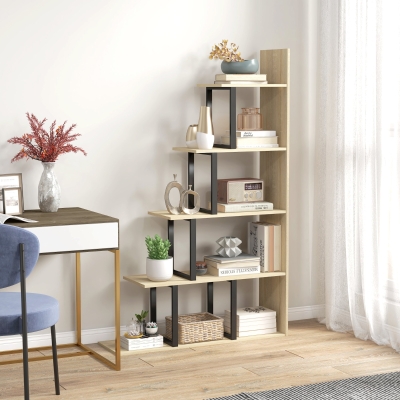 HOMCOM Estante de Biblioteca Separadora de Espaços Estilo Industrial em Escada 5 Prateleiras 102x30x160 cm Cor de Carvalho