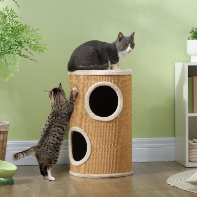 Pawhut Torre Arranhador para Gatos em 2 Níveis em Sisal com Casinhas em Pelúcia para 1-2 Gatos Marrom
