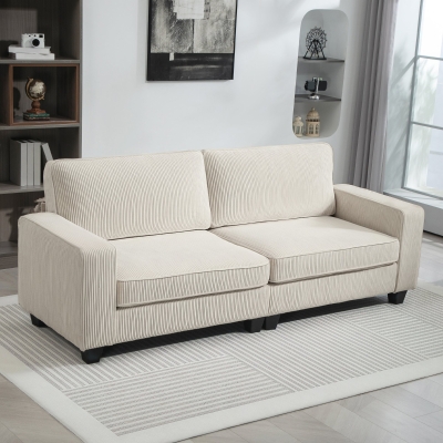 HOMCOM Sofá de 3 Lugares com Tecido Corduroso Sofá de Sala de Estar com Suspensão Até 400 Kg 227x84x87 cm Branco Creme