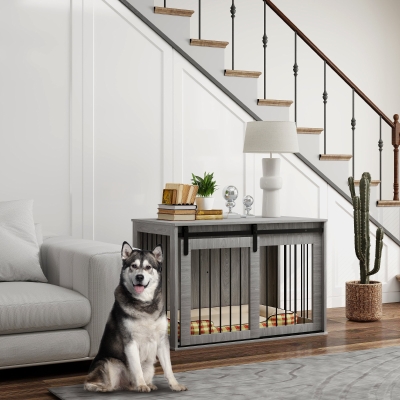 Pawhut Caixa de Cachorro com Porta de Correr Ventilação Aglomerado de Madeira e Aço 98x58x61 cm Cinza