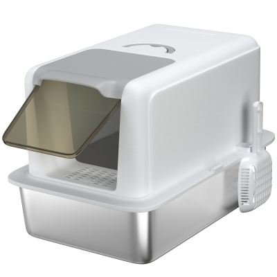 Pawhut Caixa de Areia para Gatos Bandeja em Aço Inoxidável Filtro Pá para Gatos Até 6 Kg 40,5x60,5x41,5 cm Branco Prateado