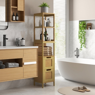 Kleankin Móvel Coluna de Arrumação para Casa de Banho Estilo Acolhedor 30x30x144 cm 3 Prateleiras 2 Gavetas Bambu