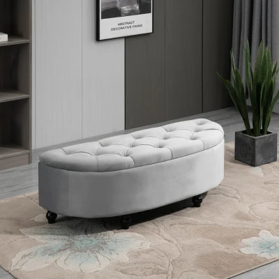 HOMCOM Banco de Armazenamento Baú de Armazenamento Capitonê Meia Lua Revestimento de Veludo Pés Madeira de Hévea 120x46x42 cm Cinza
