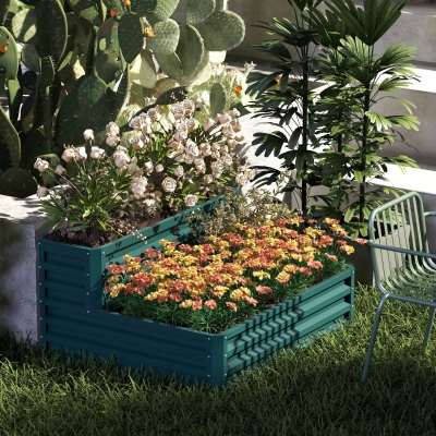 Outsunny Canteiro de Jardim Quadrado Fundo Aberto 2 Níveis para Ervas Vegetais Frutas Flores 120x101x58 cm Verde