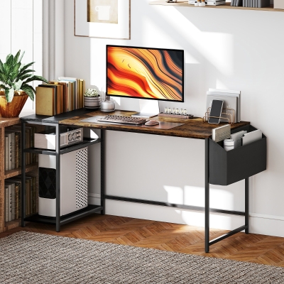 HOMCOM Secretária de Computador 150x60 cm com Prateleiras Reversíveis e Saco de Tecido para Espaços Pequenos Marrom