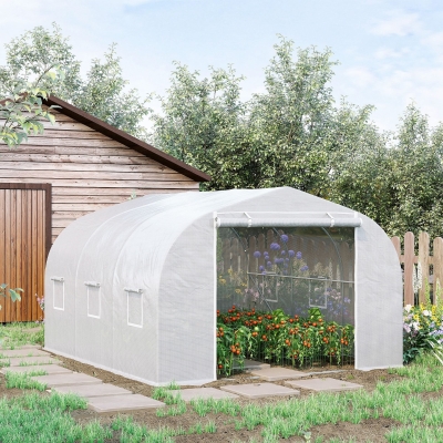 Outsunny Estufa de Jardim em Túnel 3,5x3x2 m Porta 6 Janelas Enroláveis Aço Galvanizado Cobertura PP Alta densidade Branco