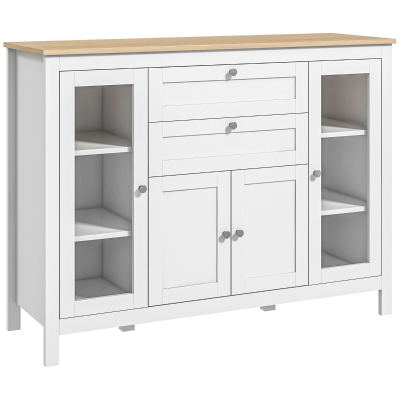 HOMCOM Aparador de Cocina con Armario 2 Cajones 2 Puertas de Vidrio y Estantes Ajustables Muebles Auxiliar de Almacenaje para Comedor Salón 120x40x90 cm Blanco(m-1)
