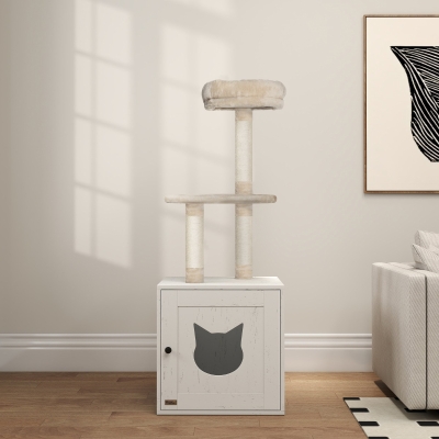 Pawhut Árvore para Gatos com Casa de Banho Torre de Jogo 2 em 1 de 129 cm com Cache Litière Postes para Arranhar Creme