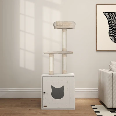 Pawhut Árvore para Gatos com Casa de Banho Torre de Jogo 2 em 1 de 129 cm com Cache Litière Postes para Arranhar Creme