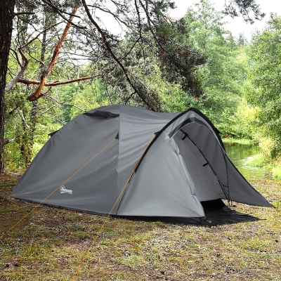 Outsunny Tenda de Acampamento 2-3 Pessoas Tenda Dôma Impermeável Leve Ventilada 2 Portas Janelas Fibra de Vidro Poliéster PP Cinza