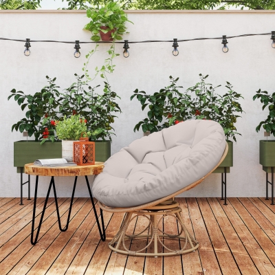 Outsunny Cadeira Papasan em Resina Efeito Vime Giratória a 360° com Almofada Acolchoada Ø 100 cm Cinza Claro