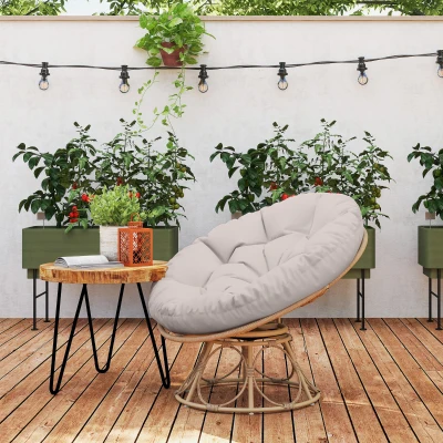 Outsunny Cadeira Papasan em Resina Efeito Vime Giratória a 360° com Almofada Acolchoada Ø 100 cm Cinza Claro