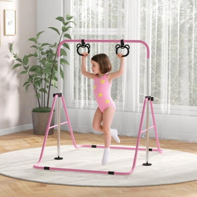 HOMCOM Barra de Ginástica para Crianças Barra Horizontal Dobrável com Altura Ajustável e Anéis de Ginástica Rosa