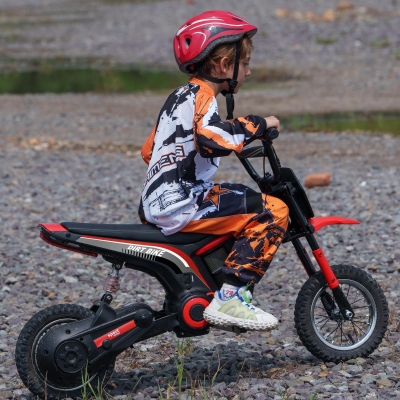 HOMCOM Moto Cross Elétrica para Criança Efeitos Sonoros 2 Velocidades 8 e 16 Km/H Bateria 12V Motor Potência 350 W Vermelho