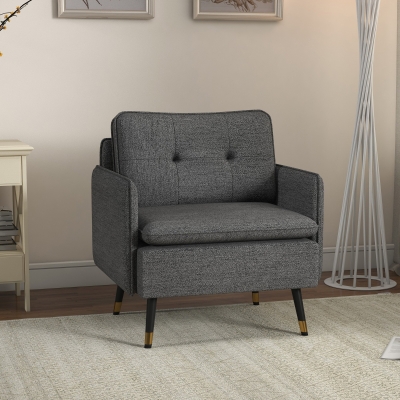 HOMCOM Poltrona Escandinava com Encosto Capitonê e Vivo em Tecido 76x68x80 cm Cinza e Pernas em Metal Preto e Dourado