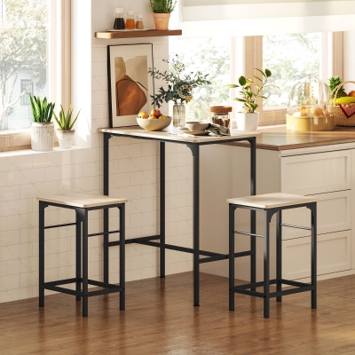 HOMCOM Conjunto Mesa de Bar com 2 Bancos Estrutura de Aço para Cozinha Sala de Jantar e Sala de Estar Efeito de Madeira Natural