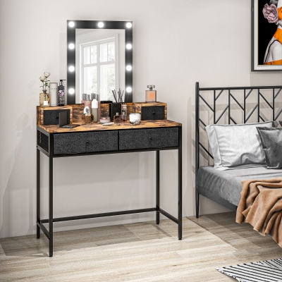 HOMCOM Penteadeira Mesa de Maquiagem Espelho LED Ajustável Integrado Base em Metal Preto 4 Gavetas de Tecido Aspecto Madeira Escura