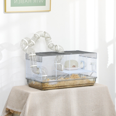 Pawhut Gaiola para Hamster Gaiola para Roedores com Túnel e Acessórios Inclusos Barras de Aço 58x32x31 cm Cinza