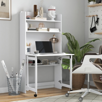 HOMCOM Mesa de Computador com Prateleiras de Arrumação Tampo Rebatível 2 Rodas para Quarto Sala 80x69x153 cm Branco