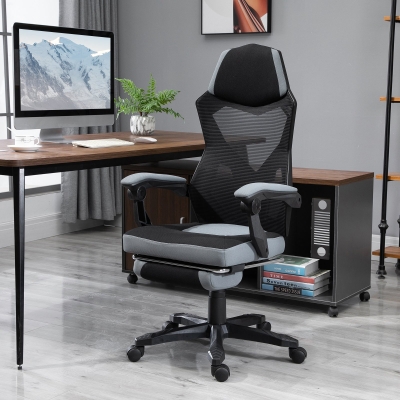 Vinsetto Cadeira de Escritório Poltrona Jogos Altura Ajustável Encosto Giratório Rodízios Repousa Pés 58x63x112-122 cm Cinza Preto