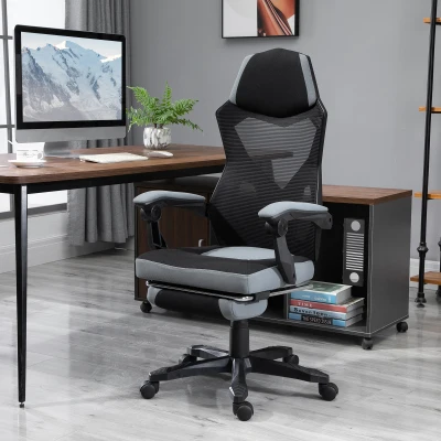 Vinsetto Cadeira de Escritório Poltrona Jogos Altura Ajustável Encosto Giratório Rodízios Repousa Pés 58x63x112-122 cm Cinza Preto