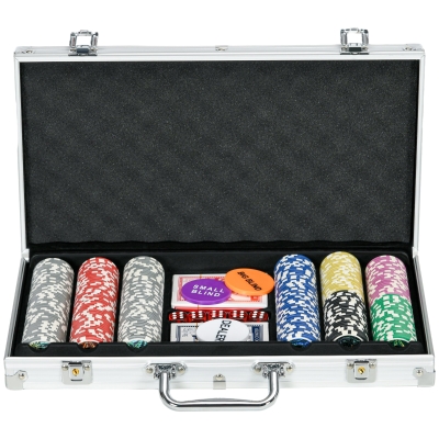 Sportnow Maleta de Poker Coffret de Poker Completo com Fechadura com 300 Fichas 2 Baralhos de Cartas 3 Botões 1 Tapete de Feltro