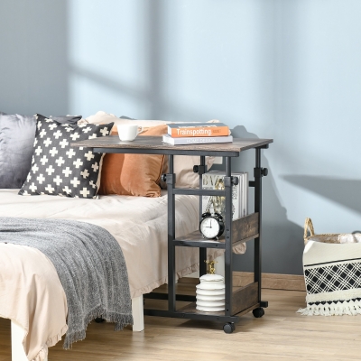 HOMCOM Mesa Auxiliar Mesa de Apoio Mesa de Cama para Computador Portátil Altura Ajustável 2 Prateleiras Integradas Metal Marrom