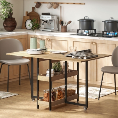 HOMCOM Mesa de Jantar Dobrável com Rodízios para 4 Pessoas com Compartimentos Abertos para Espaços Pequenos Sala de Jantar Carvalho