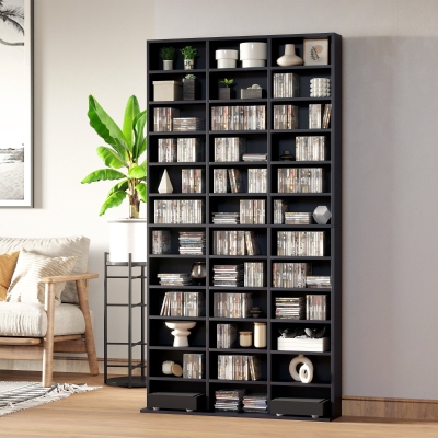 HOMCOM Estante de Armazenamento CD/DVD Móvel de Armazenamento 1116 CDs 36 Compartimentos Ajustáveis em Altura 102x24x195 cm Preto