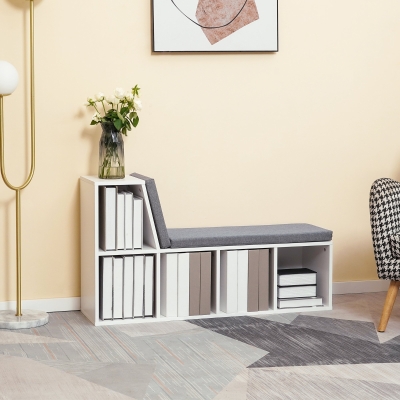 HOMCOM Biblioteca Banco 2 em 1 com 5 Compartimentos de Armazenamento e 2 Almofadas 108x30x60 cm Branco Cinza
