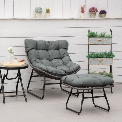 Outsunny Cadeira de Jardim com Otomano em Metal Epóxi e Vime Entrançado com Aspeto de Vime com Almofadas Macias Cinza