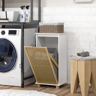 HOMCOM Móvel Banheiro com Cesto de Roupa Porta de Ripas de Bambu e Saco Removível Branco e Efeito Madeira Natural