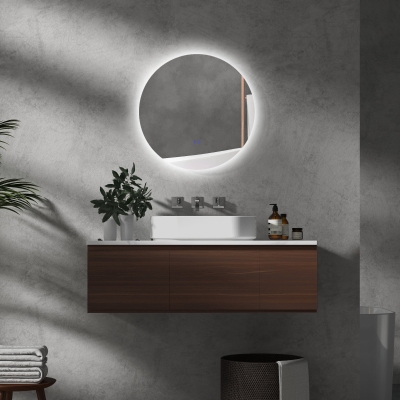 Kleankin Espelho Redondo Luminoso LED de Banheiro Ø 60 cm Mural com Interruptor Tátil Sistema Anti Embaciamento 29 W Cinzento