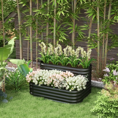 Outsunny Quadrado Jardineira de Jardim Fundo Aberto 2 Níveis para Ervas Legumes Frutas Flores 120x90x30 cm Preto
