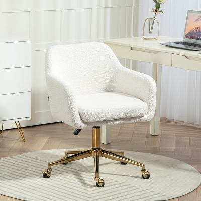 HOMCOM Cadeira de Casa Office Cadeira de Escritório Altura Ajustável com Rodas Cobertura de Veludo Base de Metal Cremoso