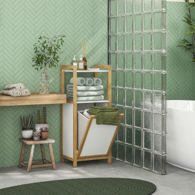 HOMCOM Móvel em Bambu com Cesto de Roupa para Banheiro Ganho de Espaço 2 Prateleiras 40x30x86,5 cm