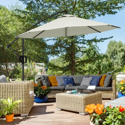 Outsunny Guarda Sol de Jardim Octogonal Inclinável Ø2,93x2,60 m com Manivela Proteção UV para Varanda Pátio Creme