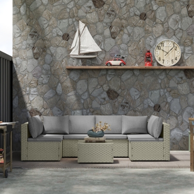 Outsunny Conjunto de Móveis de Jardim Exterior Modular para 6 Pessoas em Vime Sintético com Sofás e Mesa de Vidro Temperado Marrom