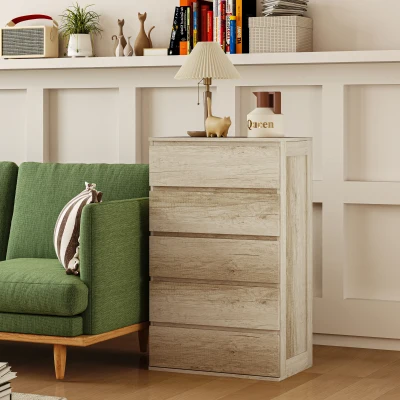 HOMCOM Cômoda 5 Gavetas Móvel de Armazenamento estilo Minimalista 60x38x100 cm Madeira Natural