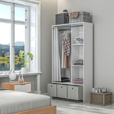 HOMCOM Armário de Roupas Armário de Armazenamento com Cabide Cortinas 3 Gavetas de Tecido Removíveis 105x48x160 cm Branco