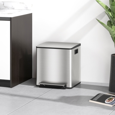 HOMCOM Cesto de Lixo de 2 Seções de 15L com Pedal e Tampa Silenciosa em Aço Inoxidável e PP 41 8x36,7x44 cm