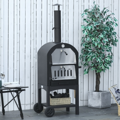 Outsunny Forno de Pizza Exterior a Carvão Churrasqueira com Rodas Forno de Lenha Pedra Refratária Chaminé Termômetro Aço Preto Cinza