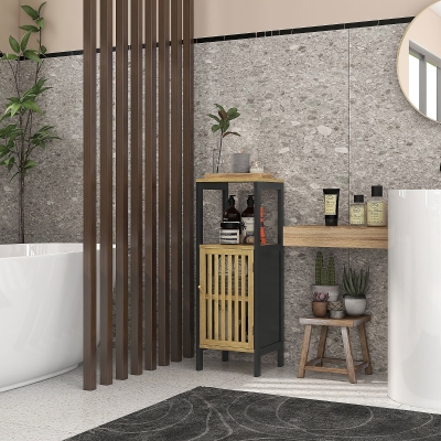 HOMCOM Móvel Baixo de Banheiro em Bambu com Armário 1 Porta Nicho Aberto 32x30x90,5 cm Preto e Madeira