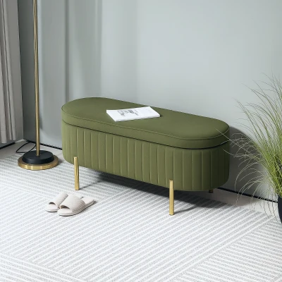 HOMCOM Banco Baú Oval de 72L com Tampa Levantável em Tecido de Efeito Veludo e Madeira 108x44x43,5 cm Verde