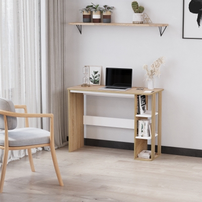 HOMCOM Escritório de Computador Mesa de Computador 100x44x74 cm 3 Prateleiras Laterais em Madeira Cor Carvalho Claro Branco