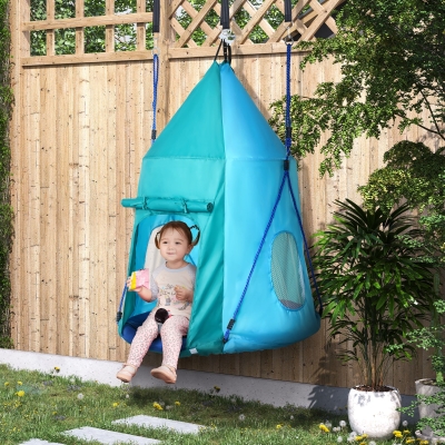 Outsunny Baloiço Ninho de Pássaro com Tenda Removível Ø 100 cm Carga Máx. 150 Kg Corda Ajustável em Altura 120-180 cm Azul