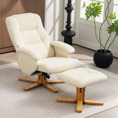HOMCOM Poltrona Relaxante com Apoio para Os Pés Poltrona de Relaxamento Giratória 360° Encosto Inclinável Carga 120 Kg Creme