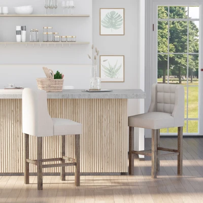 HOMCOM Conjunto de 2 Bancos de Bar com Capitonê Madeira Maciça Incl. Apoio para Pés 47x50x101 cm Cinza Natural